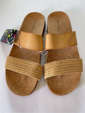 Maui and Sons Tan Braided Dual-Strap Cork Slide Sandals